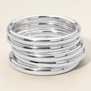 Silver Round 5 Piece Stack Polished Metal Bangle Bracelets Set Layered Jewelry
